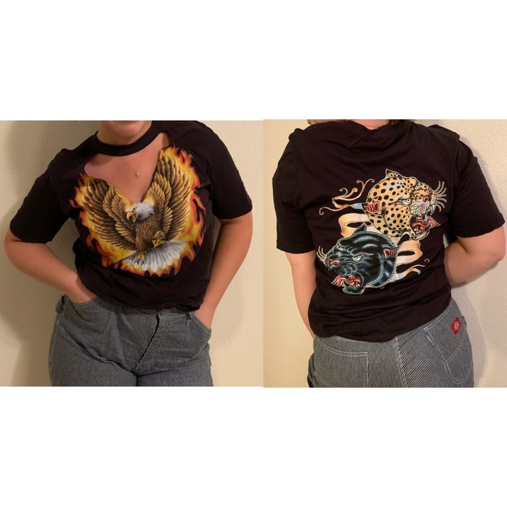 Truly Madly Deeply Cut‎ Out T-Shirt Womens M Black Classic Flaming Eagle Graphic